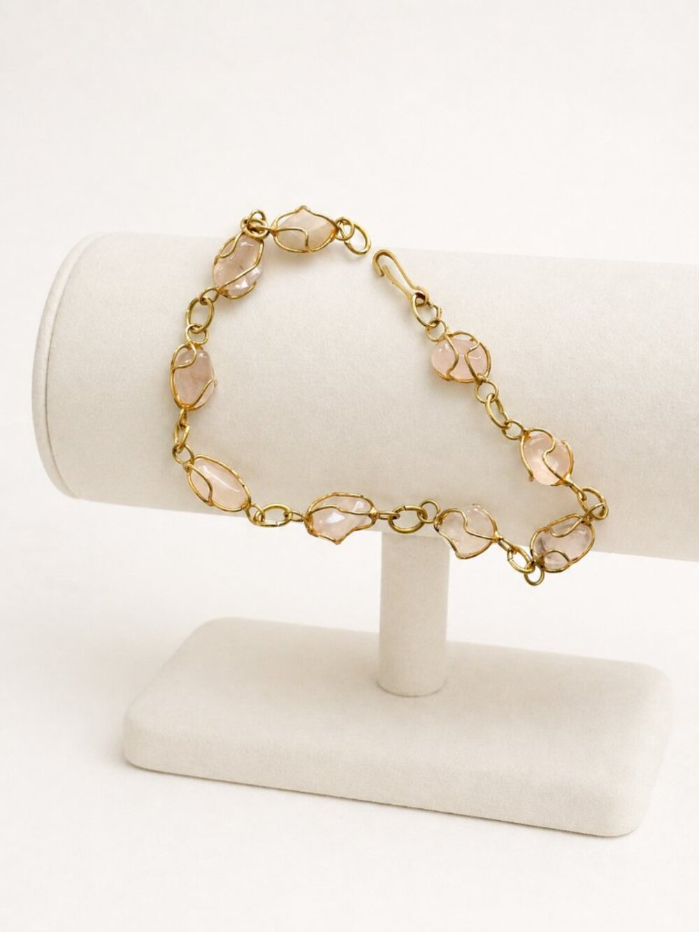 Vintage Polished Rose Quartz Stones with Gold Wire Cage Bracelet EUC